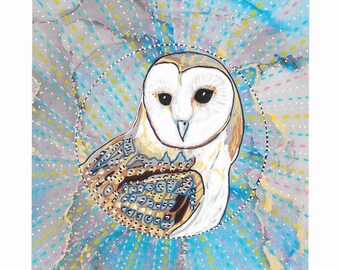 Signed Barn Owl Print, Blue and Gold Wildlife Art, Limited Edition