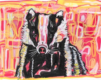 Original Badger Acrylic Painting, Mounted Wildlife Art Gift (7x5 Ins)