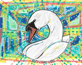 Original Mute Swan Bird Acrylic Painting, Mounted Wildlife Art Gift (7x5 Ins)