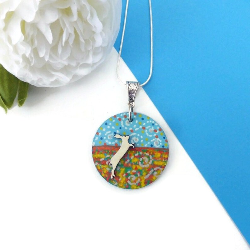 Hare necklace hand painted on wood original wildlife image 0