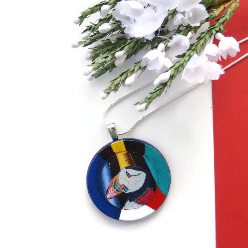 Puffin bird necklace hand painted original wooden jewellery image 8