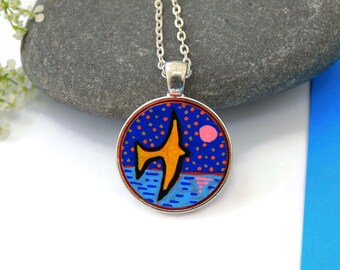 Yellow Bird Pendant Necklace, Round Silver Bird Jewelry, Original Handmade Jewelry, Bird Lovers Gift, Gift For her, Birthday Gift, OOAK Gift