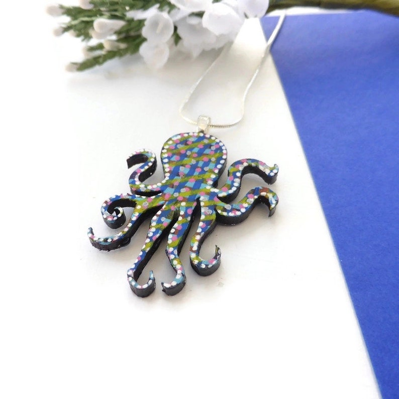 Octopus necklace hand painted wooden jewellery image 1