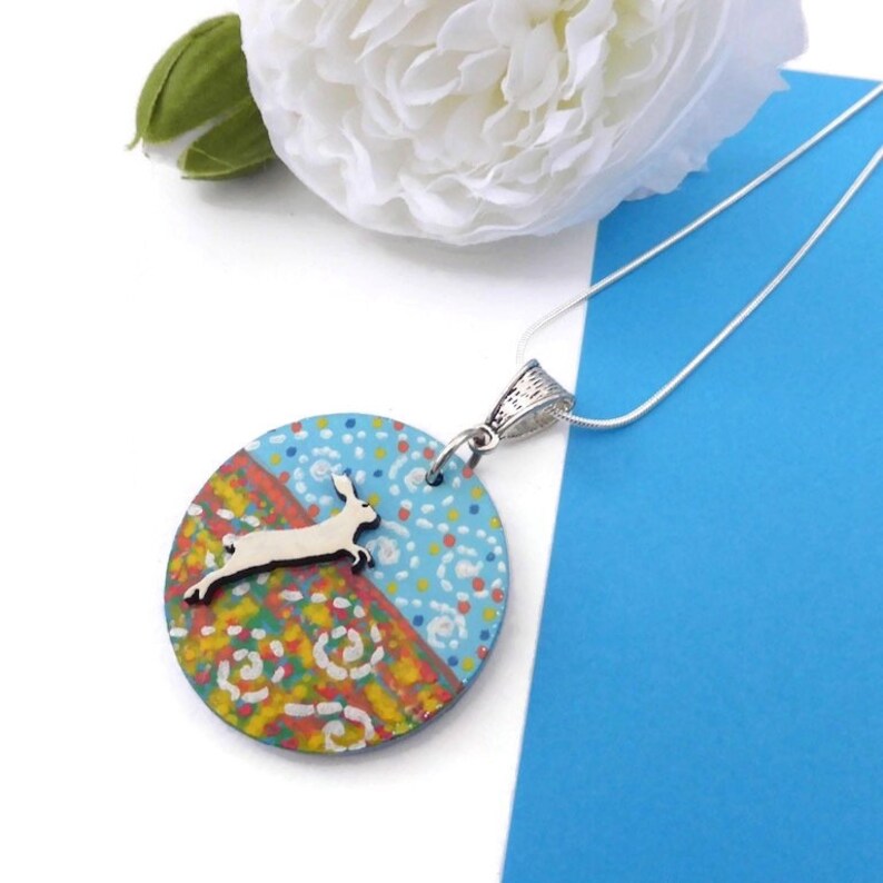 Hare necklace hand painted on wood original wildlife image 6