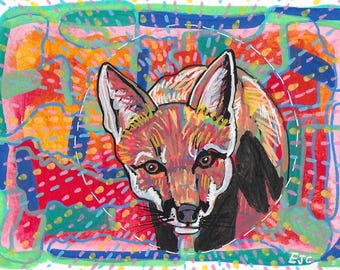 Original Red Fox Acrylic Painting, Mounted Wildlife Art Gift (7 x 5 Ins)