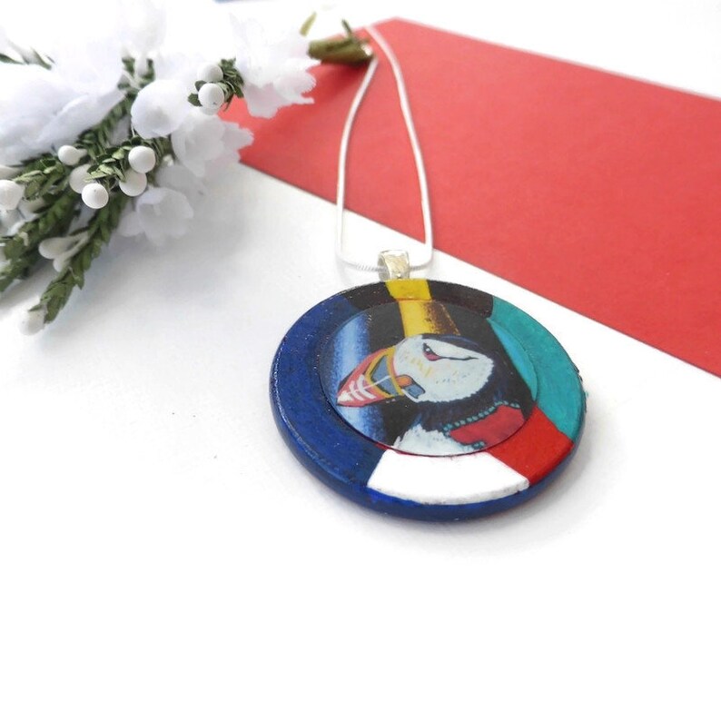 Puffin bird necklace hand painted original wooden jewellery image 7