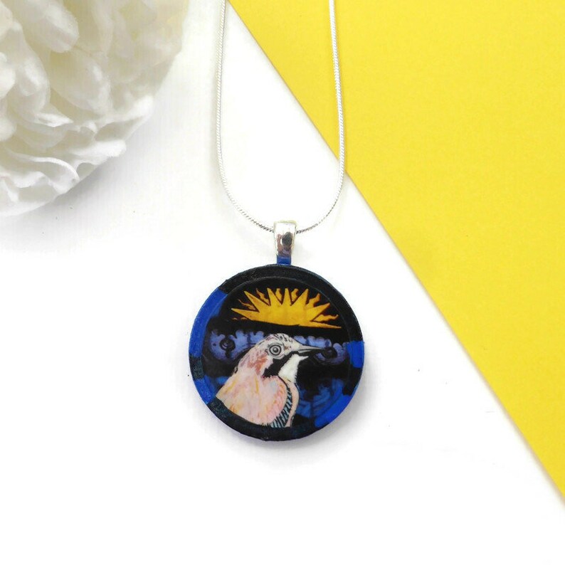 Jay bird necklace hand painted wooden jewellery image 1