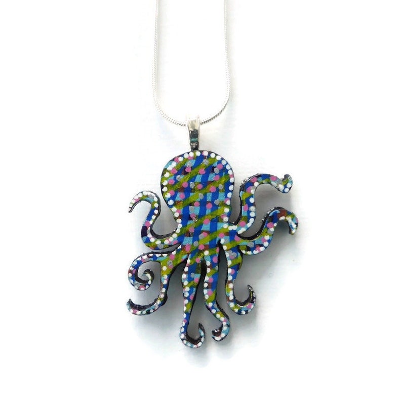 Octopus necklace hand painted wooden jewellery image 9