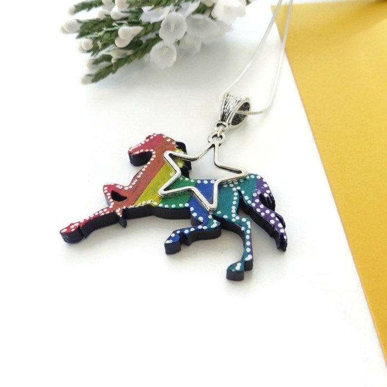 Rainbow horse necklace painted on wood original horse lovers image 1