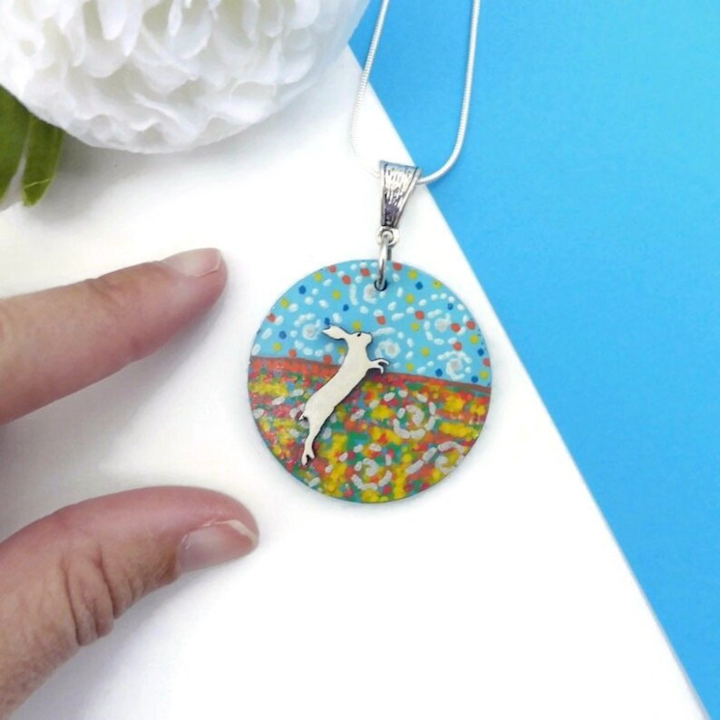 Hare necklace hand painted on wood original wildlife image 2