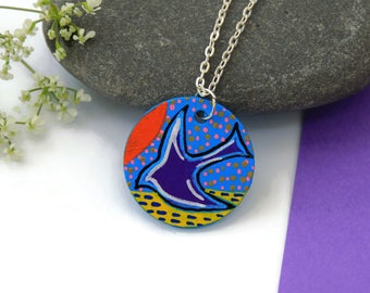 Hand Painted Purple Bird Necklace Pendant, Wood Jewellery, OOAK Jewelry, Bird Lovers Gift, Birthday Gift, Original Handmade Jewellery