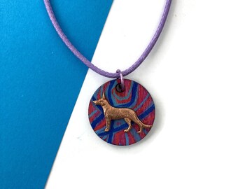 Hand painted wooden Alsatian German Shepherd dog jewellery pendant, modern abstract contemporary design, dog lovers gift necklace