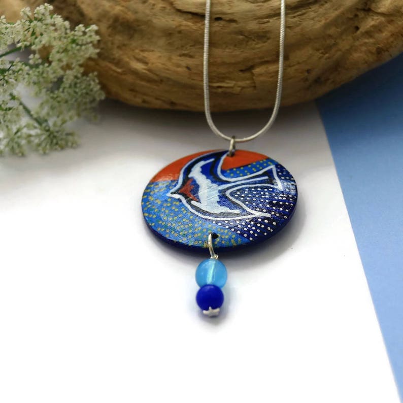 Swallow necklace original painting handmade jewelry on silver snake chain