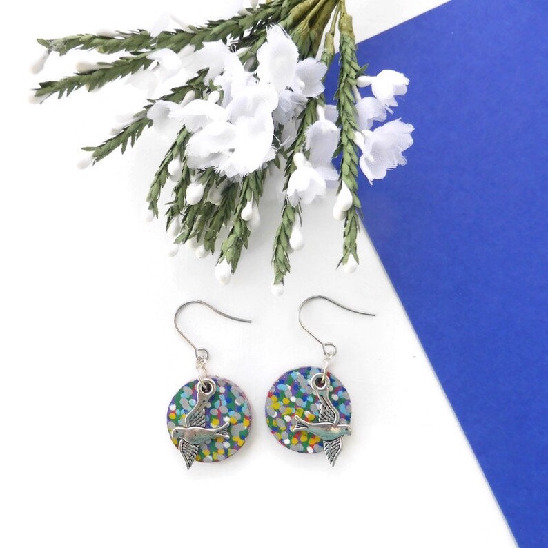 Flying bird earrings hand painted original bird wooden image 1
