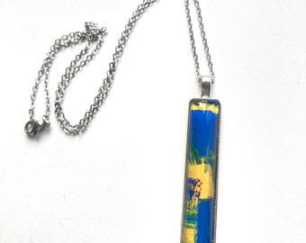 Abstract Colourful Rectangle Necklace, Handmade Art Jewellery, Blue And Yellow Glass Pendant