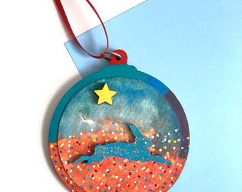 Hand Painted Wooden Leaping Hare Decoration - Whimsical Rabbit Bauble with Star
