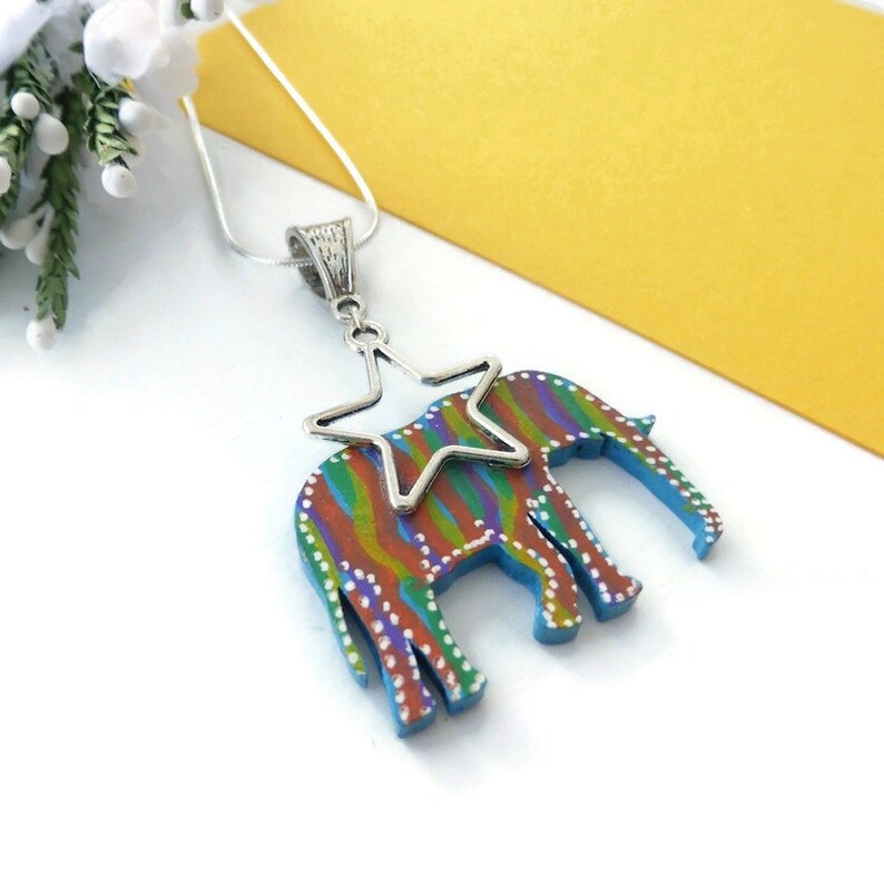 Elephant necklace painted on wood original elephant lovers image 2