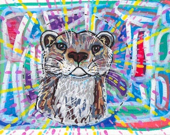 Original Pop Art Otter Portrait, Colorful Acrylic Painting (6x4")