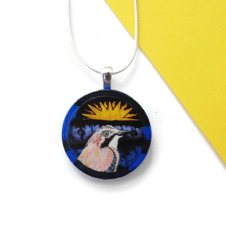 Jay bird necklace hand painted wooden jewellery image 0