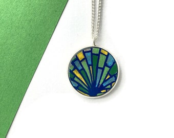 Blue green yellow geometric hand painted necklace pendant, handmade jewellery gifts for women