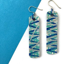 Blue abstract art hand painted wooden sterling silver earrings, colourful modern contemporary jewellery