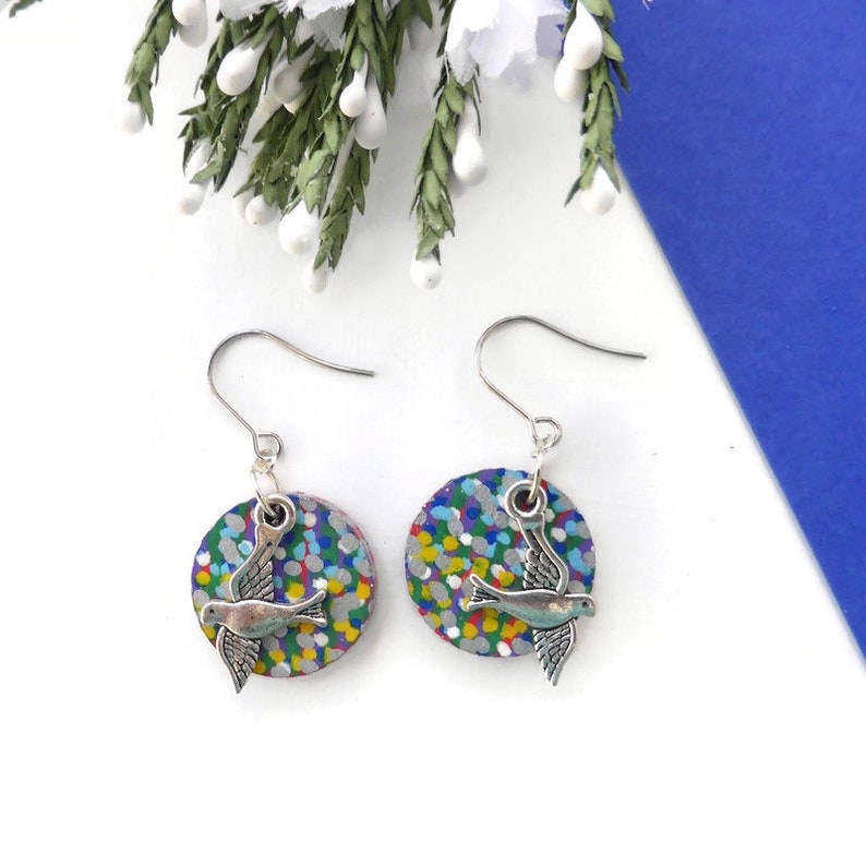 Flying bird earrings hand painted original bird wooden image 0
