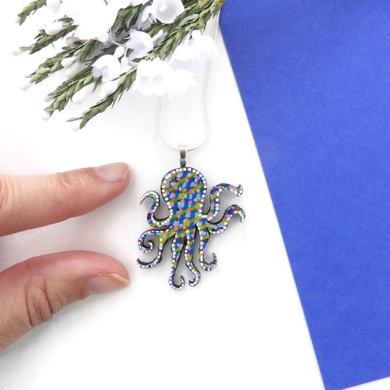 Octopus necklace hand painted wooden jewellery image 3