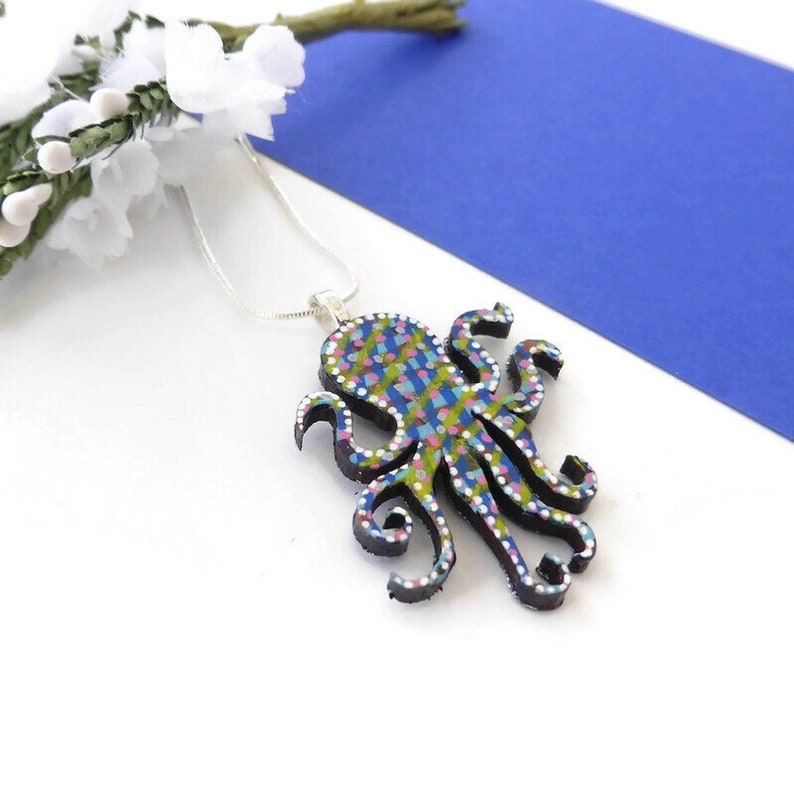 Octopus necklace hand painted wooden jewellery image 2