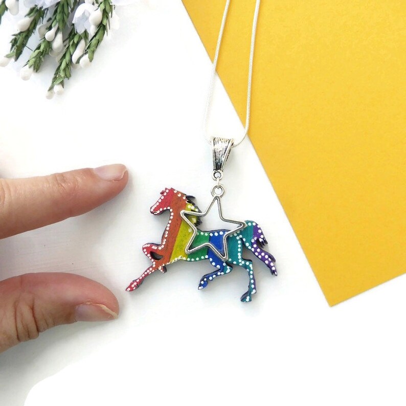 Rainbow horse necklace painted on wood original horse lovers image 6