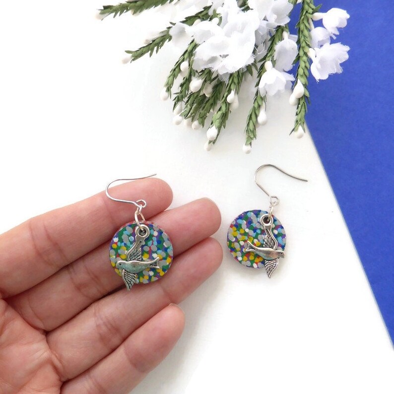 Flying bird earrings hand painted original bird wooden image 5