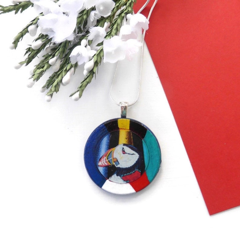 Puffin bird necklace hand painted original wooden jewellery image 0