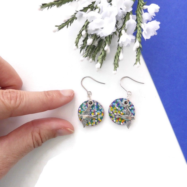 Flying bird earrings hand painted original bird wooden image 4