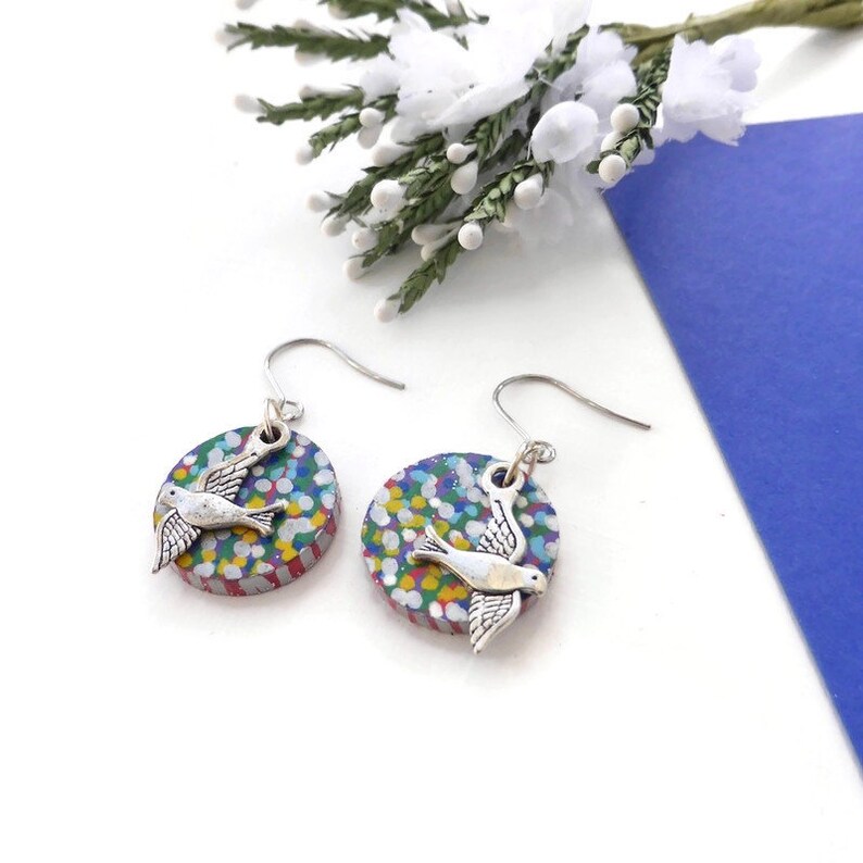 Flying bird earrings hand painted original bird wooden image 2