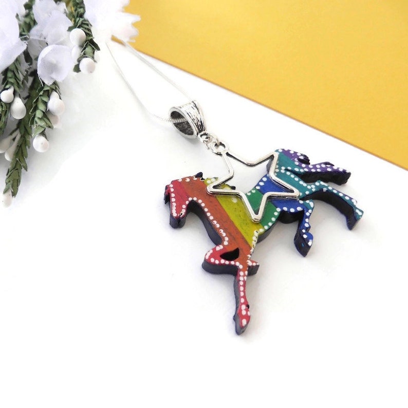 Rainbow horse necklace painted on wood original horse lovers image 2