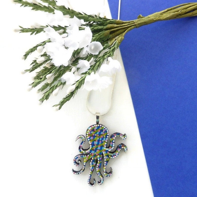 Octopus necklace hand painted wooden jewellery image 0