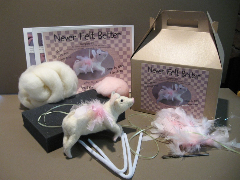 May include: A craft kit for making a felt pig wearing a pink tutu. The kit includes wool, a foam pad, needles, and instructions. The box is labeled "Never Felt Better".