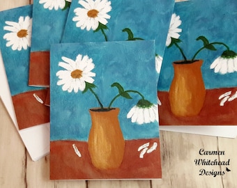 Blank note cards, all occasion cards, Daisies in Yellow Vase, 5 pack of cards, blank note cards, greeting cards, blank inside