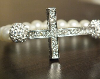 Faux Pearl Rhinestone Cross  Bracelet