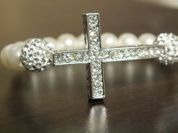 thumbnail image 2 of Rhinestone Cross & Faux Pearl Beaded Bracelet - Stackable Women's Jewelry 2 of 3