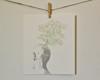 Original Artwork, Head Growing Tree, Surreal Drawing, Pencil Illustration