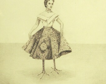 Surreal Drawing Bird Lady, Human Bird Hybrid, Limited Edition Print of Pencil Original