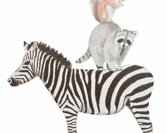 Original Animal Stack Drawing. Art for kids. Children's Art. Zebra, raccoon, squirrel.