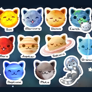 Schattige kattenplaneten // Vinylsticker zonnestelsel/ Laptopstickers/ Waterdicht/ Tijdschrift/ Kunst