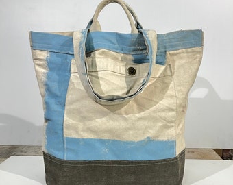 Sustainable Tote Bag, Hand Painted Salvage Canvas Tarp, Top handles, pockets, unisex, beach tote, upcycled waxed canvas bottom