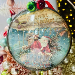 Vintage Convex Clock Santa Zeppelin Die-cut Soldered Christmas ornament OOAK-Large