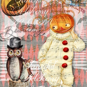 Pumpkinhead Pierrot JOL Original Halloween Collage-Digital download-Black cat-Owl