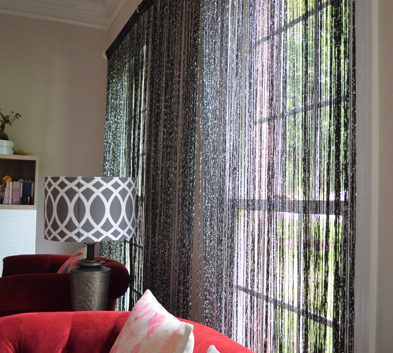 Black with Silver Metallic Thread Curtain Etsy