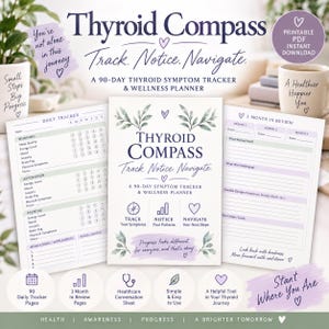 Peut inclure: Un planificateur de bien-être et suivi des symptômes de la thyroïde sur 90 jours, format PDF imprimable. L'ensemble comprend une page de suivi quotidien, une page de bilan trimestriel et une couverture avec des illustrations botaniques et cœurs.