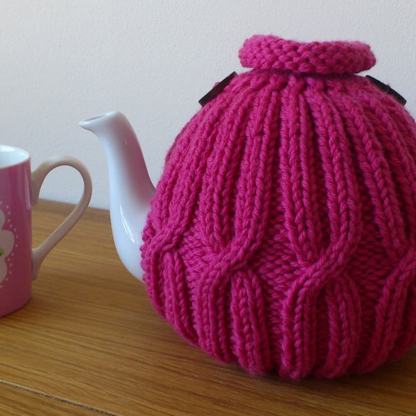 Pink hand knitted tea cosy with wooden button detail - to fit a Size 6 CUP (1.2 Litre) teapot - Ready to ship