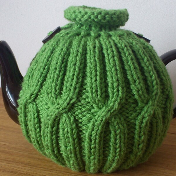 Green hand knitted tea cosy with wooden button detail - Size Medium - Ready to ship